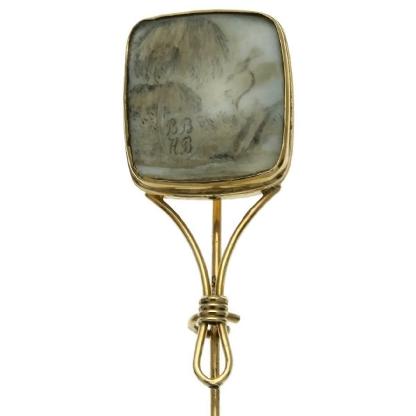 Victorian commemorative pin with miniature made out of human hair